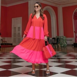Sail to Sable | Women’s Red/Pink Colorblocked Multi Tier Tie Vneck Midi Dress, S